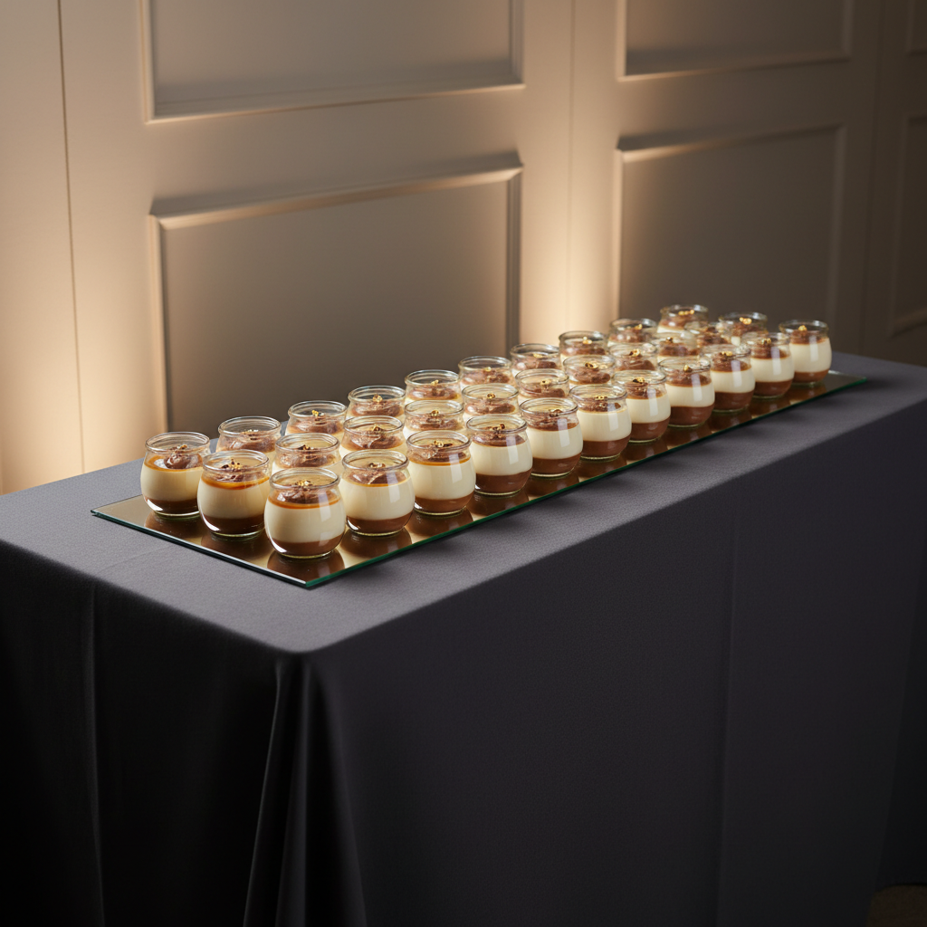 A dessert catering display designed for a corporate gala, featuring a long, narrow mirrored tray holding identical rows of minimalist, glass-jar desserts with layered textures in neutral tones, such as vanilla, caramel, and chocolate. The tray rests on a dark, matte linen-draped table that contrasts with the reflective surfaces. Behind, a softly lit neutral backdrop with faint vertical paneling adds subtle structure without distraction. Focused overhead spot lighting creates precise highlights on the glass rims and controlled, linear shadows along the table. Shot from a three-quarter angle at table height, the image uses a shallow depth of field so the front row of desserts is sharply detailed while the rest gently recedes. The atmosphere is sophisticated and restrained, matching a high-end, professional catering aesthetic.