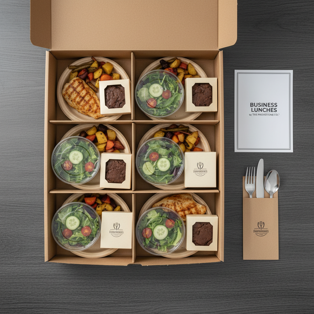 An overhead view of a meticulously packed catering delivery box for business lunches, opened to reveal several identical compartments. Each compartment contains a neatly arranged main dish, side salad in a clear lidded container, and a small dessert in minimalist packaging, all in neutral-toned, eco-friendly containers. The box rests on a smooth, dark grey tabletop with subtle grain, accompanied by a folded, branded menu card and stainless steel cutlery in a paper sleeve. Soft, diffused top lighting minimizes glare and creates gentle, organized shadows within each compartment. The bird’s-eye composition emphasizes geometry and structure, with every element aligned and evenly spaced. The mood is orderly and reliable, highlighting a professional, logistics-ready catering service in a clean, modern photographic style.