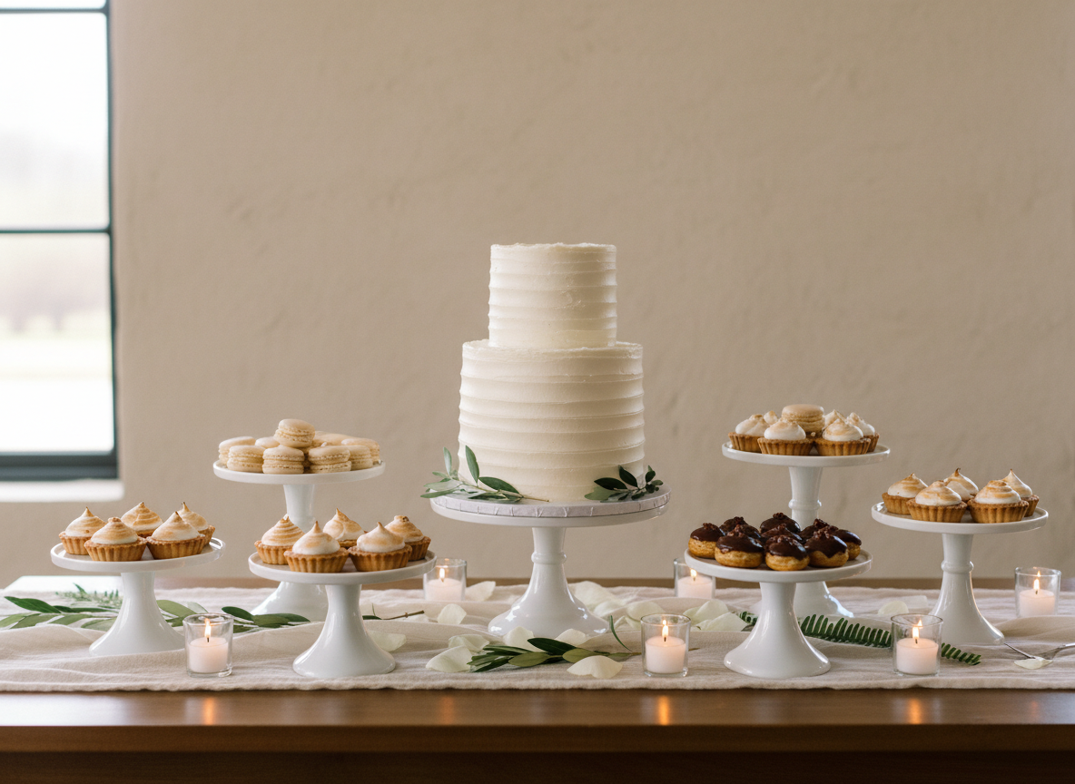 A refined wedding catering display featuring a three-tiered, all-white buttercream cake with subtle horizontal texture, surrounded by coordinated miniature desserts on white ceramic stands of varying heights. The arrangement sits on a smooth, natural wood table covered by a crisp ivory runner, set against a neutral, softly textured wall. Delicate glass votives and a few understated greenery sprigs add structure without clutter. Soft, indirect daylight from the side creates gentle highlights on the cake’s edges and soft shadows behind the stands. Captured at eye level with a shallow depth of field, the cake is in sharp focus while the background softly blurs. The atmosphere is elegant and composed, with a clean, photographic realism that suits a professional wedding catering brand.