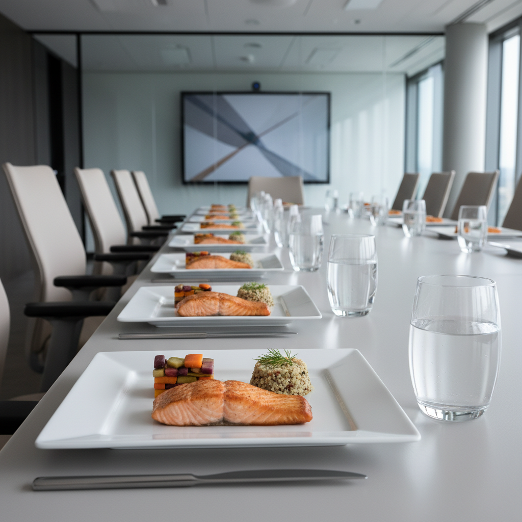 A meticulously set corporate catering table featuring individually plated gourmet lunches on square white porcelain dishes, each portion arranged with precise symmetry and restrained color. The plates are aligned along a smooth, light grey conference table surface, accompanied by minimalist stainless steel cutlery and clear water glasses. The background shows an out-of-focus glass-walled meeting room with neutral furnishings and clean architectural lines. Cool, even overhead lighting combined with soft window light creates a balanced, shadow-free look that emphasizes structure and clarity. Shot from a slightly elevated angle following the line of plates, the composition uses leading lines and sharp focus throughout. The mood is professional and organized, reflecting a high-end business catering service with a clean, modern photographic aesthetic.