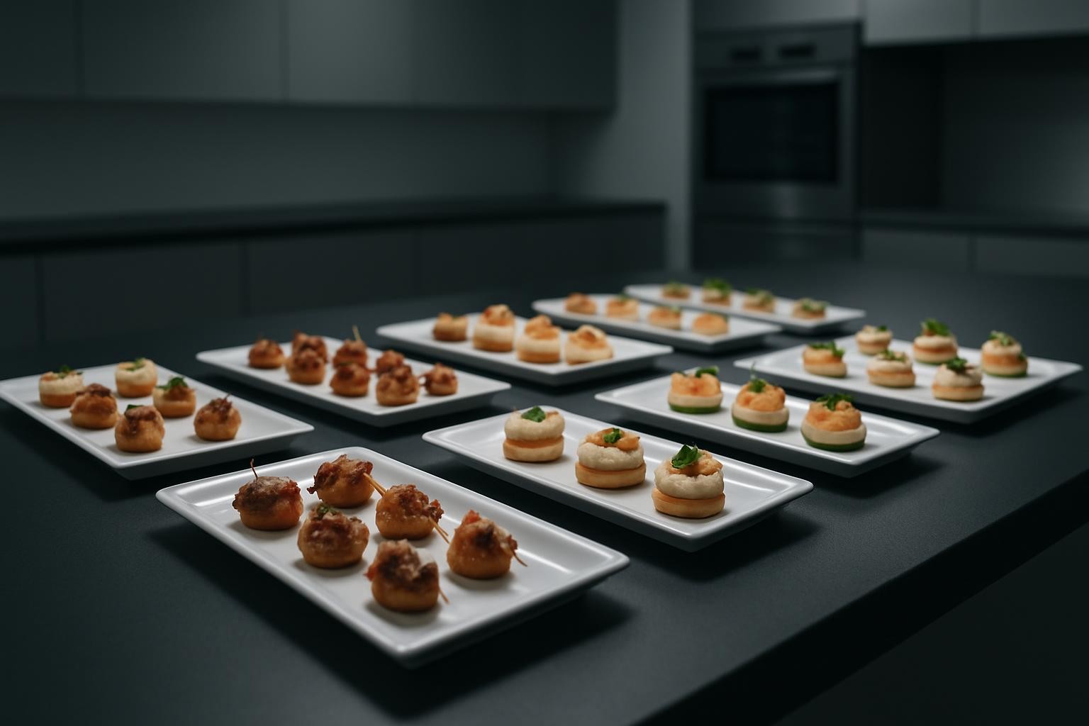 A modern canapé and hors d’oeuvre station arranged on a long, black matte countertop, featuring uniform rows of bite-sized appetizers on rectangular white porcelain trays. Each tray is precisely spaced, showcasing consistent portion sizes and minimalist garnishes. In the background, sleek stainless steel appliances and neutral-toned cabinetry form a contemporary catering prep area, softly blurred to maintain focus on the food. Cool, controlled studio-style lighting from above and slightly to the side creates crisp highlights and defined, orderly shadows along the tray edges. Photographed from a low, side angle that follows the line of trays, the composition emphasizes repetition and structure. The mood is polished and efficient, conveying a professional, high-capacity event catering operation with a clean, corporate photographic style.